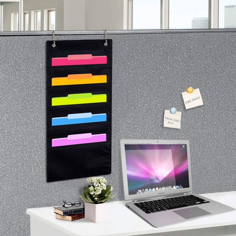 Eamay Hanging Wall Organizer, Over the Door Office Supplies File Document Organizer Holder for Home Bill Filing, Mail Organizer, Wall Mounted File Folders - 5 File Pockets Chart and 2 File Hangers - Image 2